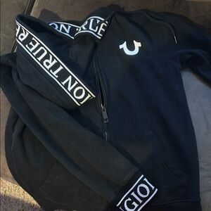 True Religion Black Zip-Up Hoodie with Logo Accents